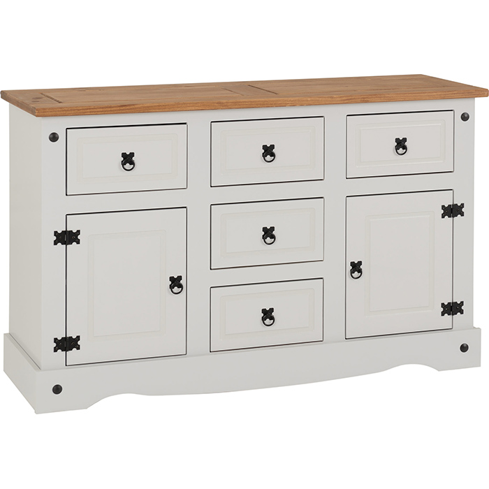 Corona 2 Door 5 Drawer Sideboard In Grey & Distressed Waxed Pine - Click Image to Close